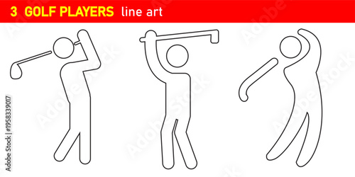 Golf player line art: Illustrated depiction of three golf players in action, perfect for various design purposes.