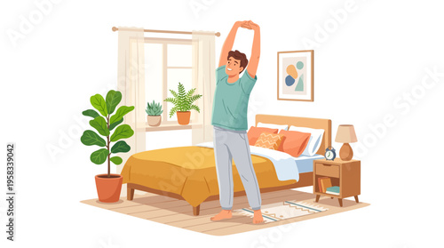 Man stretching in bedroom morning routine.