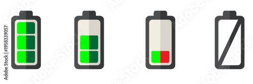 Battery Level Indicators: A sequence of battery icons displays the varying levels of charge, from full to empty, emphasizing the importance of power management and energy consumption.