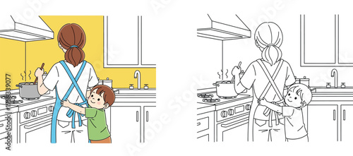 Mother cooking in the kitchen with child hugging her vector illustration with coloring page version for kids