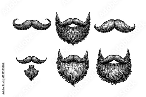 Vintage engraved moustache and beard collection in black and white barber illustration style