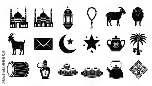 Eid Icon Set – Bold Black Silhouette Vector of Mosque, Lantern, Sheep, Dates, and Gifts