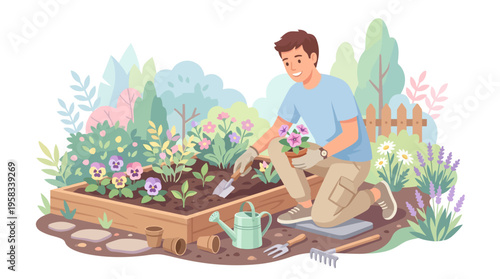 Man tending to a vibrant raised garden bed with lush plants.