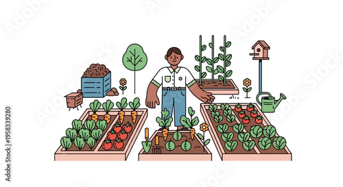 Man tending to a vibrant vegetable garden with healthy plants.