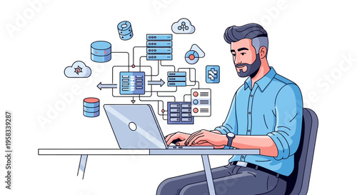 Man working on laptop with complex data network diagram.