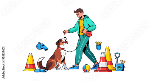 Man training dog with treats and agility equipment.