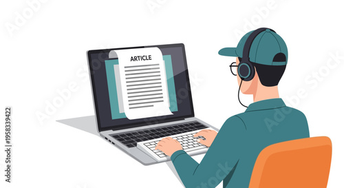 Man Typing on Laptop Wearing Headphones and Cap.