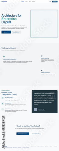A crisp, authoritative, and minimalist landing page design for an enterprise fintech solution. The visual mood is dominated by a sense of structural integrity and high-level professionalism, utilizing