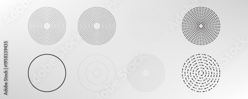 Black concentric circle set. Sonar or sound wave ring collection. Dotted and linear epicentre, target, radar icon concept. Ripple radial signal or vibration elements. Vector line and halftone symbols
