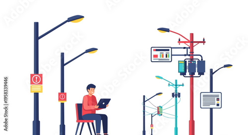 Man using laptop near street lights and electrical equipment.