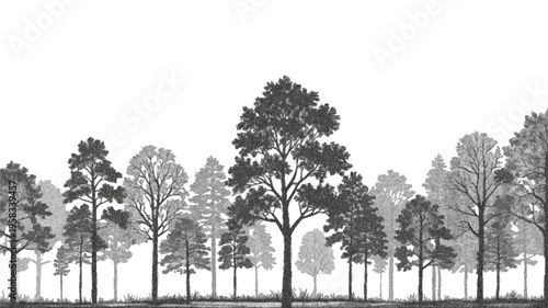 Minimal CAD Tree Line Drawing, Architectural Wetland Forest Section Outline in Side View, Landscape Design Illustration with Plot Plan and Tree Blocks, Clean Outline Vector Pattern