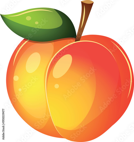 Ripe peach with leaf, sweet juicy fruit illustration