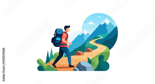 Man with backpack hiking on mountain trail.