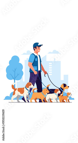 Man walking multiple dogs in a park setting.