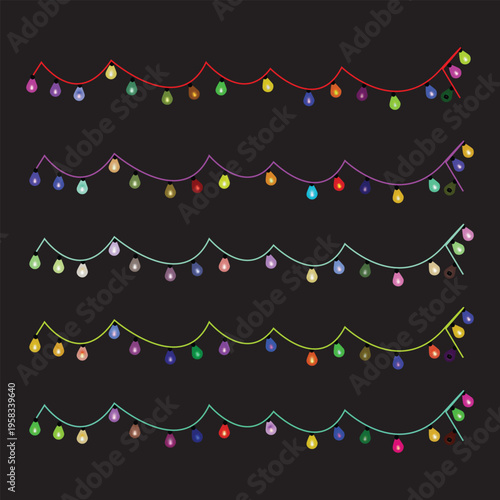 Colorful festive light garlands in various vibrant tones hanging against a dark background