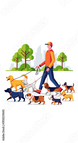 Man walking multiple dogs on leashes in park.