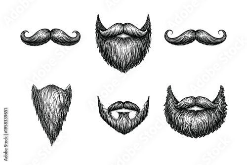 Vintage engraved moustache and beard collection in black and white barber illustration style