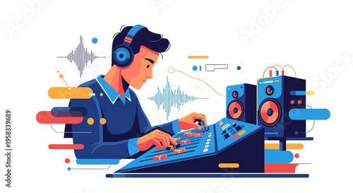 Man wearing headphones operating audio mixing console with sound waves.