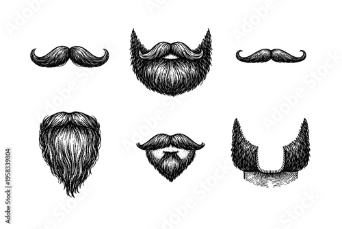 Vintage engraved moustache and beard collection in black and white barber illustration style