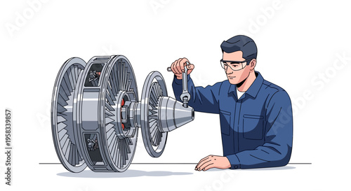 Mechanic working on complex engine part with tools.