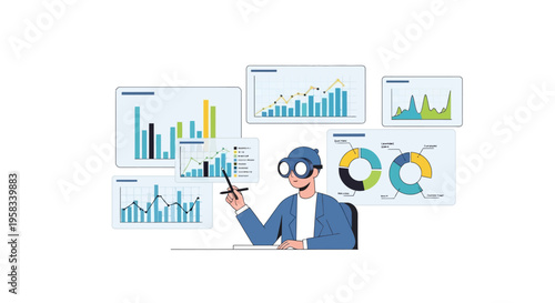 Man with binoculars analyzing financial charts and graphs.
