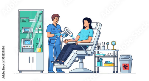 Medical professional assisting patient in examination chair.