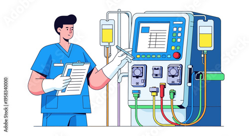 Medical professional monitors dialysis machine with patient care equipment.