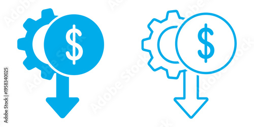 Dollar rate decrease vector line icon, money symbol with down arrow, lower cost financial crisis business loss decline icon set