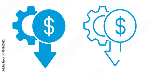 Dollar rate decrease vector line icon, money symbol with down arrow, lower cost financial crisis business loss decline icon set
