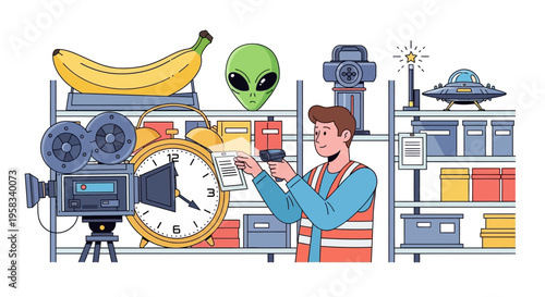 Man with drill working on shelves with objects.