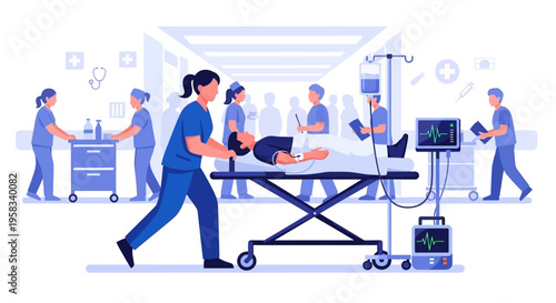 Medical team rushes patient on gurney to emergency room.