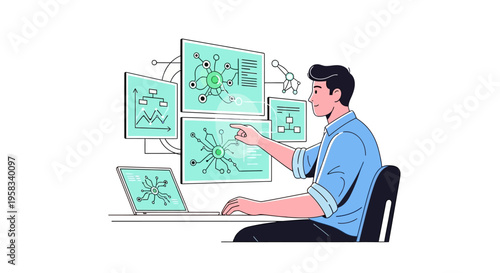 Man working on futuristic technology interfaces on multiple screens.
