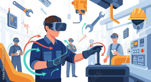 Man wearing VR headset operating machinery with virtual interface.