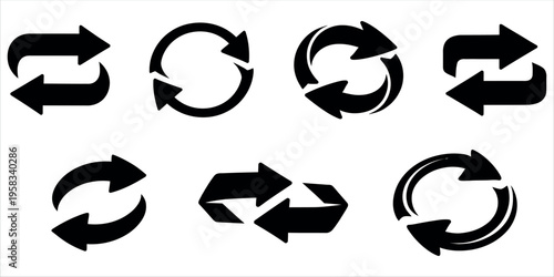 Minimalist collection of bold black arrows in circular and linear designs, ideal for business, navigation, process flow, and directional signage in presentations and marketing materials.