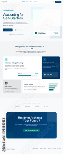 A clean, sophisticated, and professional landing page design for a fintech SaaS platform. The visual mood is trustworthy and efficient, utilizing a cool-toned color palette of deep navy blues, crisp 