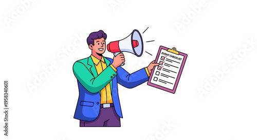 Man with Megaphone and Checklist Announcing Important Information.