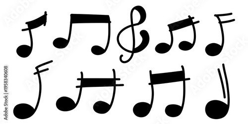 Hand Drawn Music Notes. Doodle musical note in Sketch style, treble clef element. Melody musical symbol vector illustration isolated on white background.