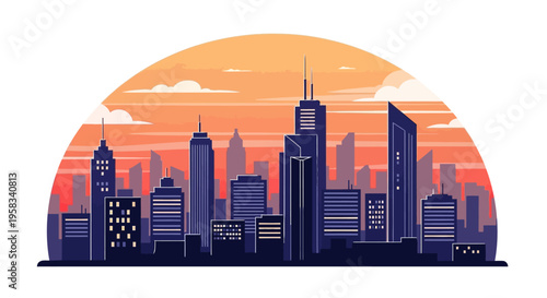 Modern Cityscape Silhouette at Sunset with Tall Buildings.
