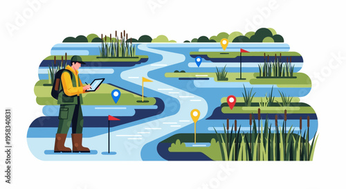 Man with tablet in wetland surveying environment.