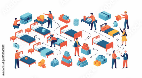 Moving House And Furniture With People Illustrations.