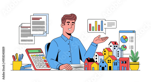 Man working at desk with real estate models and charts.