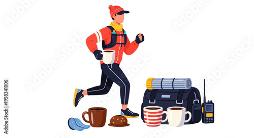 Man running with backpack and camping gear.