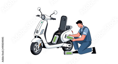 Man servicing electric scooter battery replacement maintenance.