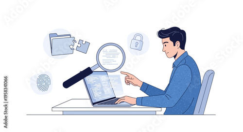 Man working on laptop with magnifying glass and digital security icons.