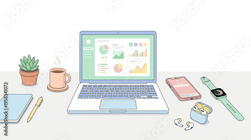 Modern Desk Setup with Laptop and Gadgets.