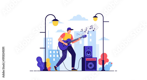 Musician Playing Guitar Outdoors with Speakers.