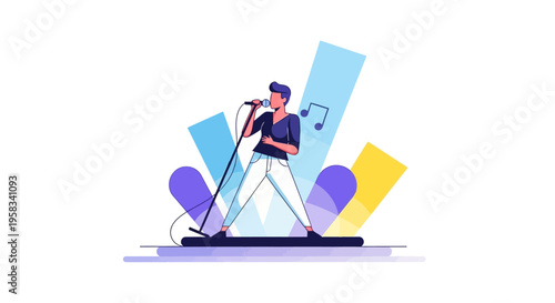 Man Singing Energetically into Microphone on Stage.