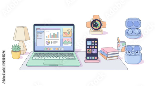 Modern Desk Setup with Laptop and Gadgets.