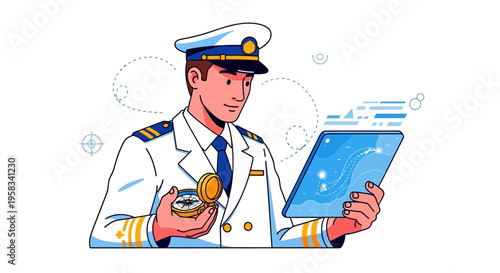 Naval Captain Studying Digital Tablet and Compass.