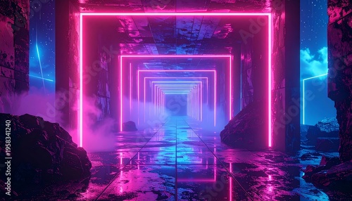 Futuristic Neon Tunnel with Glowing Geometric Shapes and Fog.